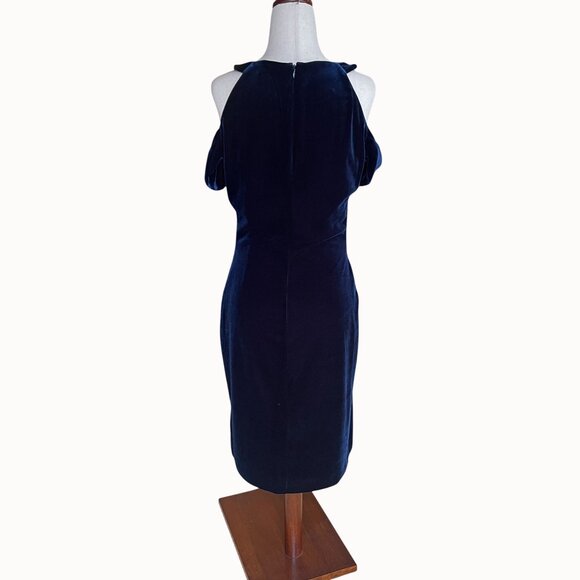 Ralph Lauren Blue Stretch Velvet Off Shoulder Midi Sheath Cocktail Dress Size 8 - Picture 10 of 11